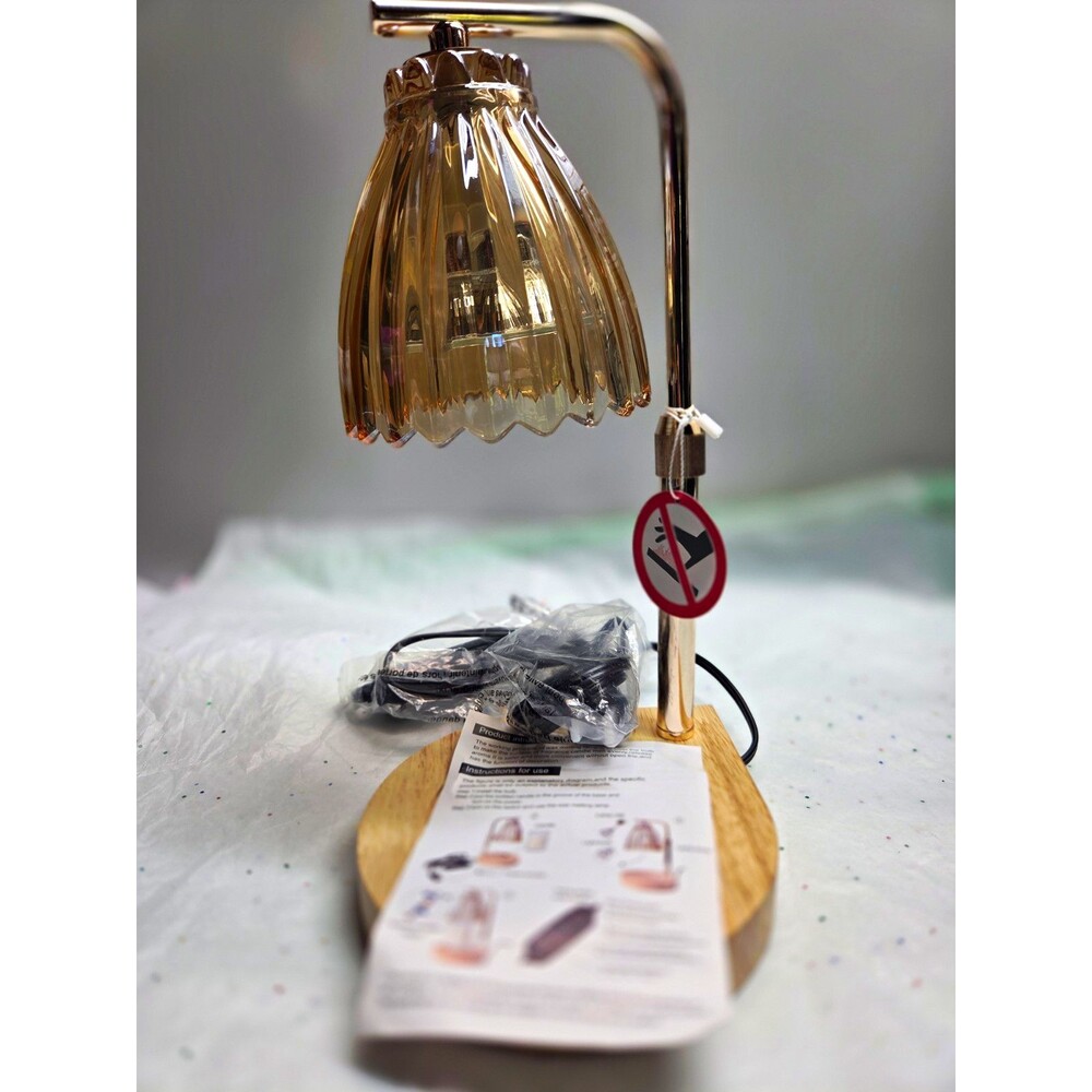 Modern Table Lamp Wood Base Ribbed Glass Bell Shade LED Warm White Plug-In